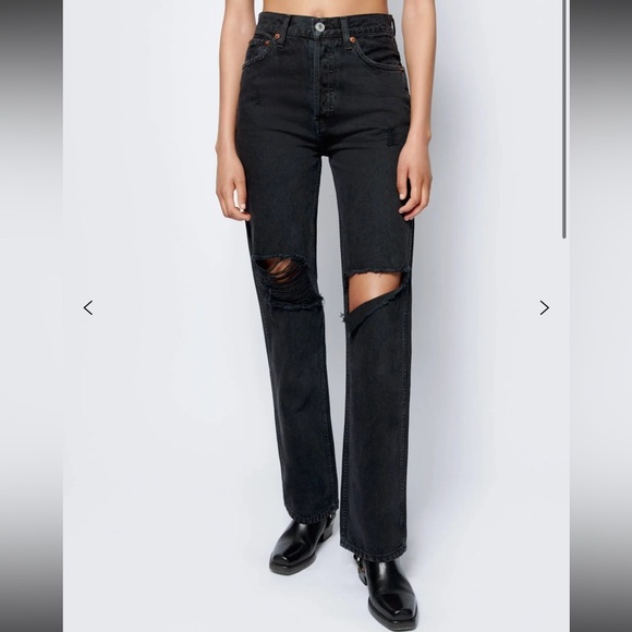 RE/DONE High Rise Loose Distressed Washed Black Denim Jeans Size 26 - Picture 1 of 6